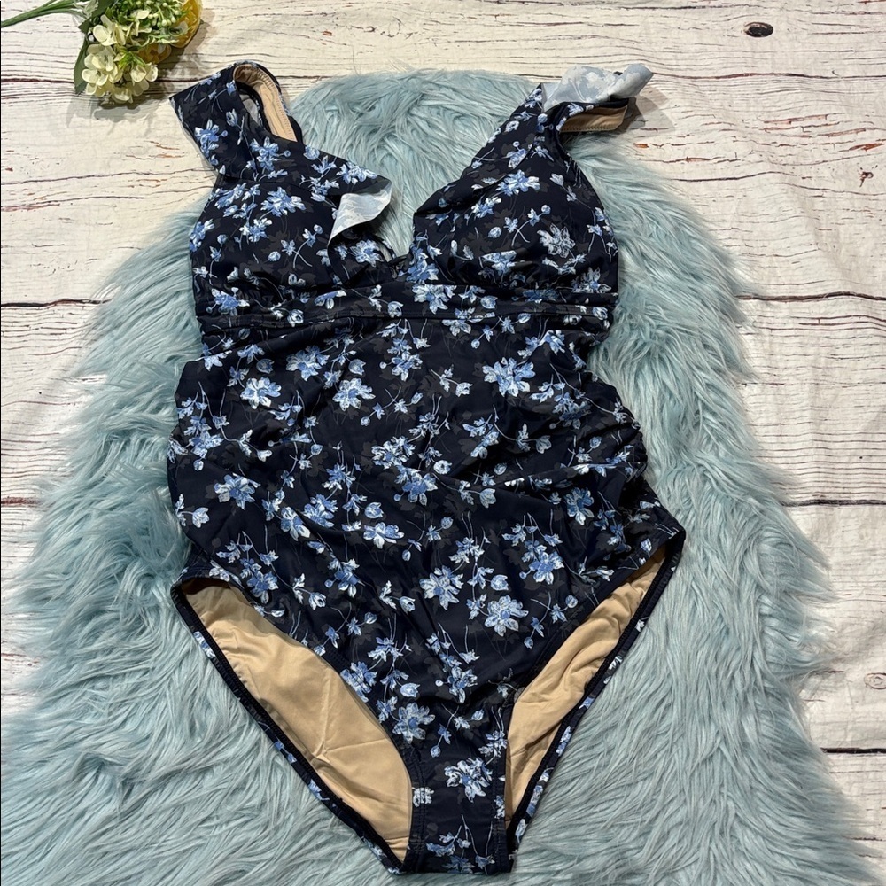 NWT Pea in the Pod Maternity Blue Floral Ruffle Trim One Piece Swimsuit